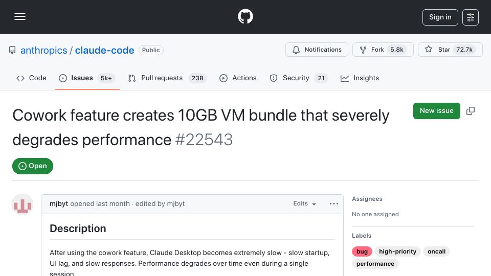 Screenshot of github.com: Anthropic Cowork feature creates 10GB VM bundle on macOS without warning