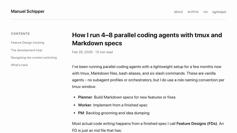 Screenshot of schipper.ai: Parallel coding agents with tmux and Markdown specs