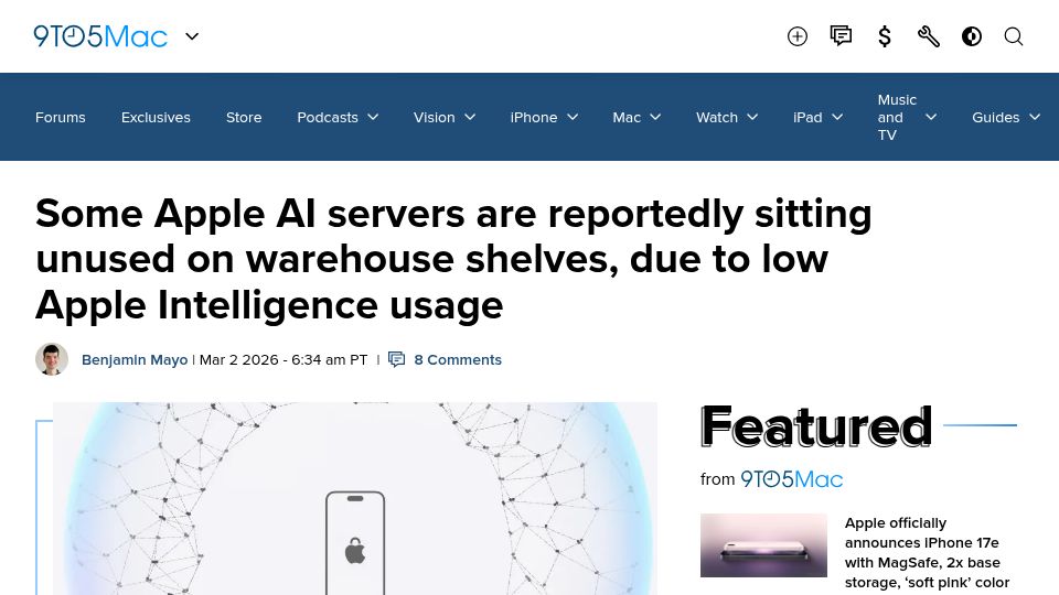Screenshot of 9to5mac.com: Apple AI servers unused in warehouses due to low Apple Intelligence usage
