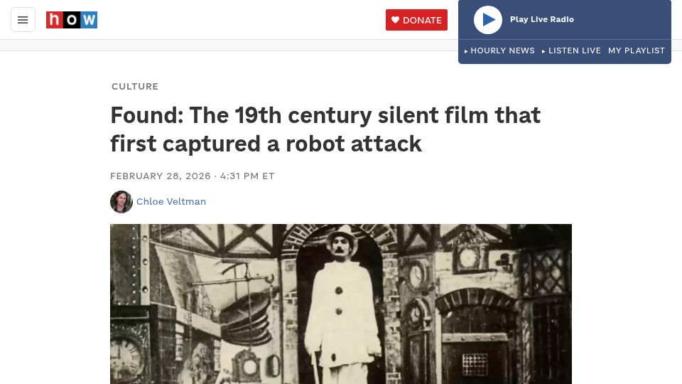 Screenshot of npr.org: 19th century silent film that first captured a robot attack