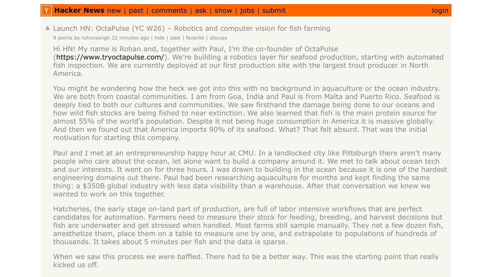 Screenshot of Hacker News post: Launch HN: OctaPulse (YC W26) – Robotics and computer vision for fish farming
