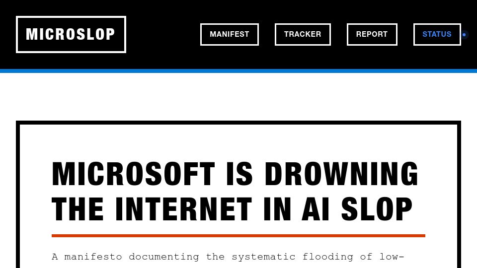 Screenshot of microslop.com: Microslop Manifesto