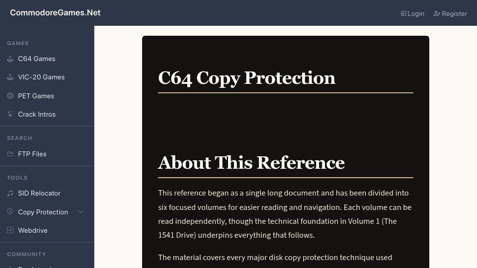 Screenshot of commodoregames.net: C64 Copy Protection