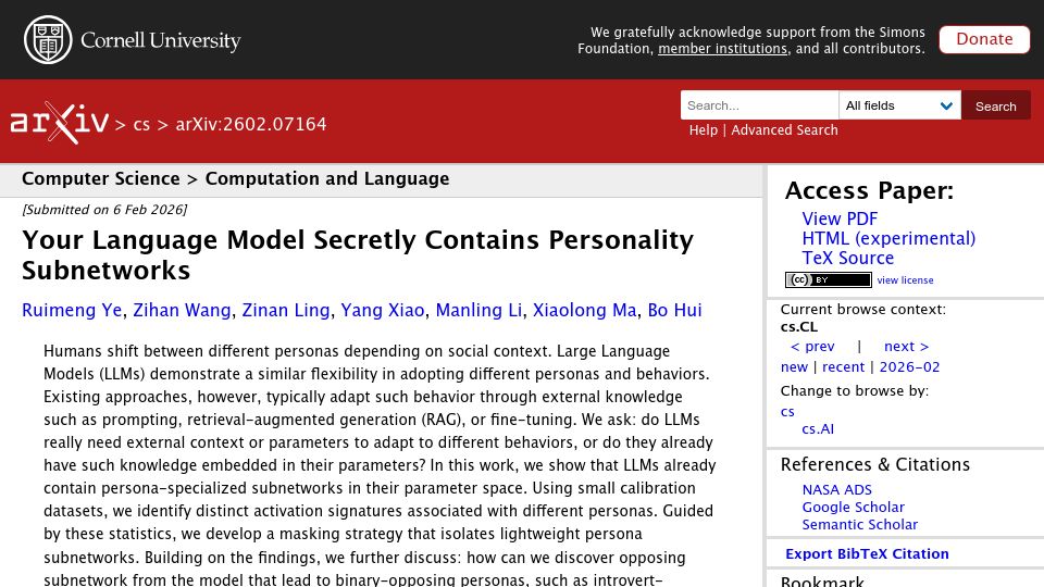 Screenshot of arxiv.org: Language Model Contains Personality Subnetworks