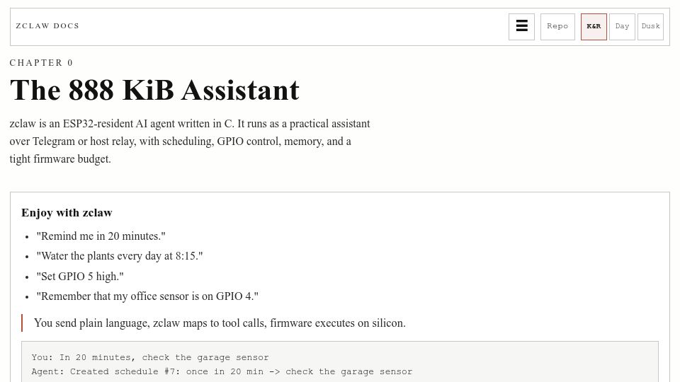 Screenshot of zclaw.dev: Zclaw – The 888 KiB Assistant