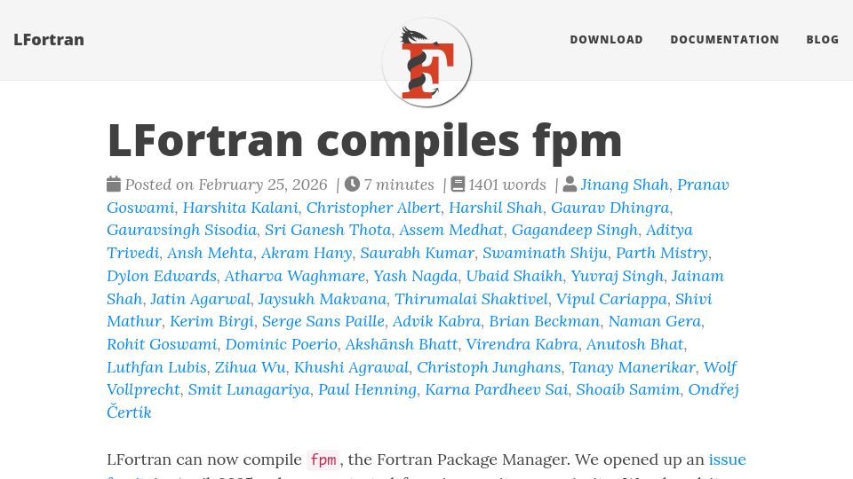 Screenshot of lfortran.org: LFortran compiles fpm
