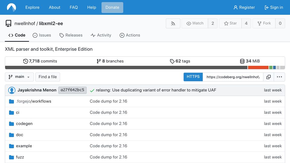 Screenshot of codeberg.org: Libxml2 Enterprise Edition (AGPL, from the previous maintainer)