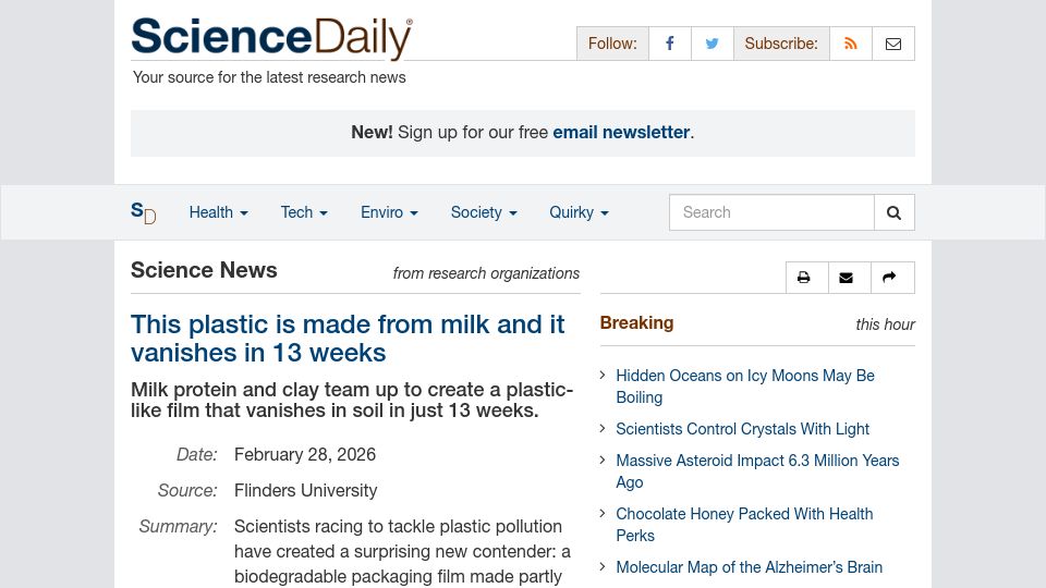 Screenshot of sciencedaily.com: A plastic made from milk that vanishes in 13 weeks