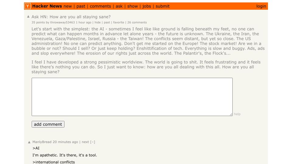 Screenshot of Hacker News post: Ask HN: How are you all staying sane?