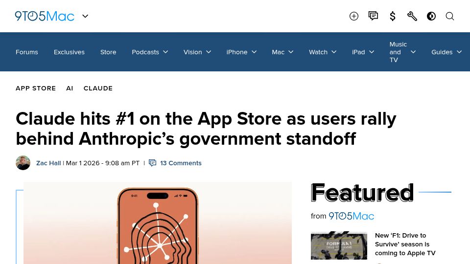Screenshot of 9to5mac.com: Claude hits #1 on the App Store as users rally behind Anthropic