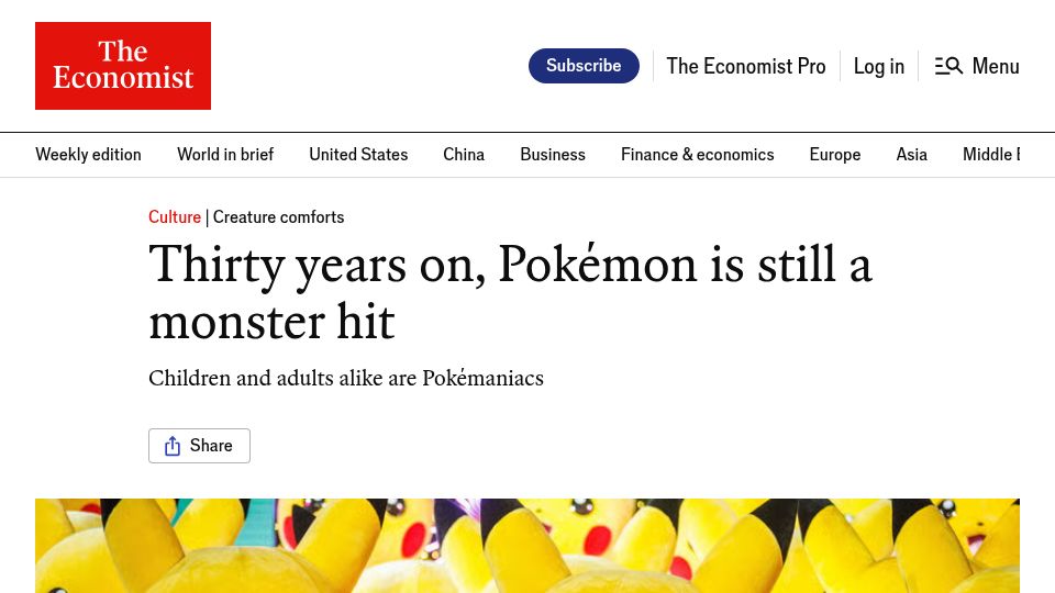 Screenshot of economist.com: Thirty years on, Pokémon is still a monster hit