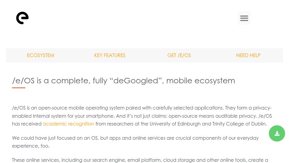 Screenshot of e.foundation: /e/OS is a complete, fully “deGoogled” mobile ecosystem