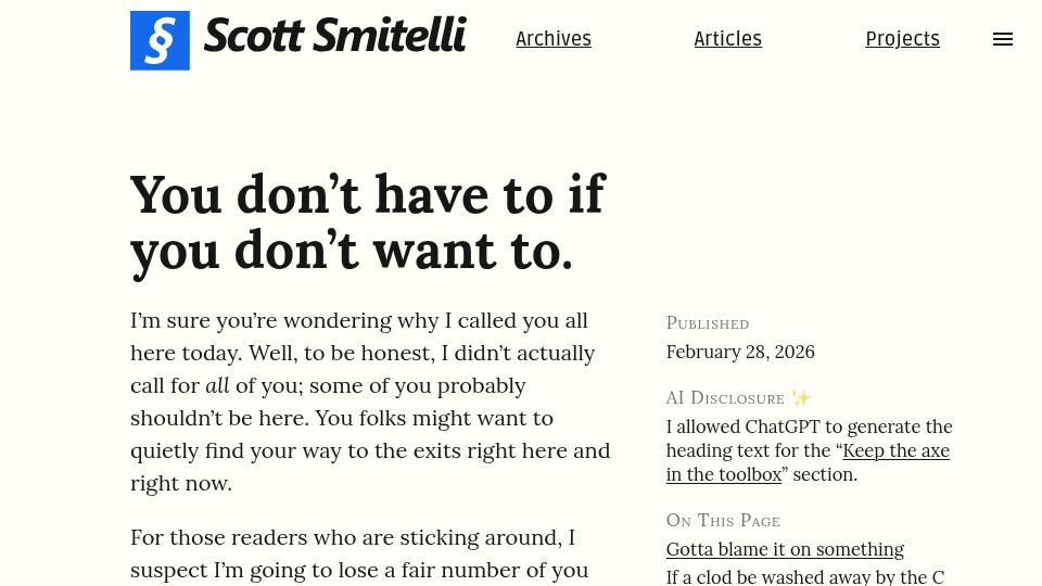 Screenshot of scottsmitelli.com: You don't have to