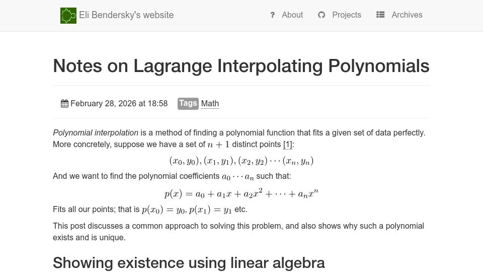 Screenshot of eli.thegreenplace.net: Notes on Lagrange Interpolating Polynomials