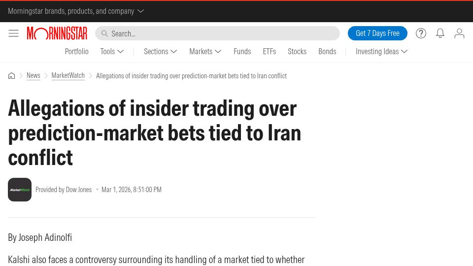 Screenshot of morningstar.com: Allegations of insider trading over prediction-market bets tied to Iran conflict