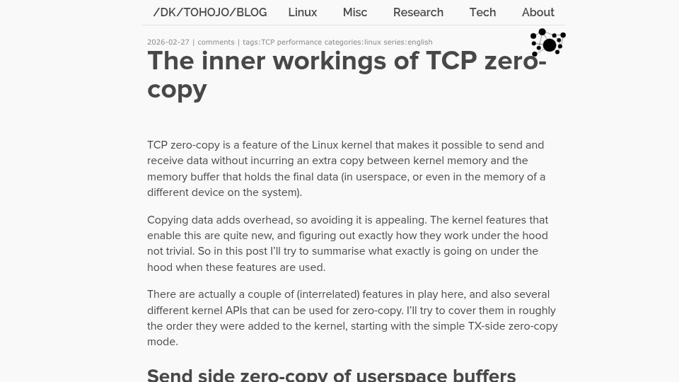 Screenshot of blog.tohojo.dk: The inner workings of TCP zero-copy