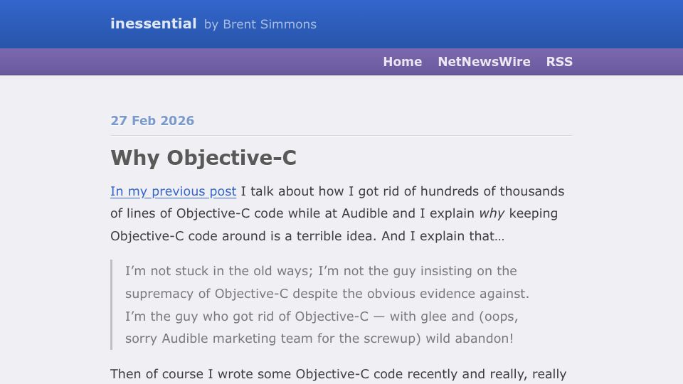 Screenshot of inessential.com: Why Objective-C