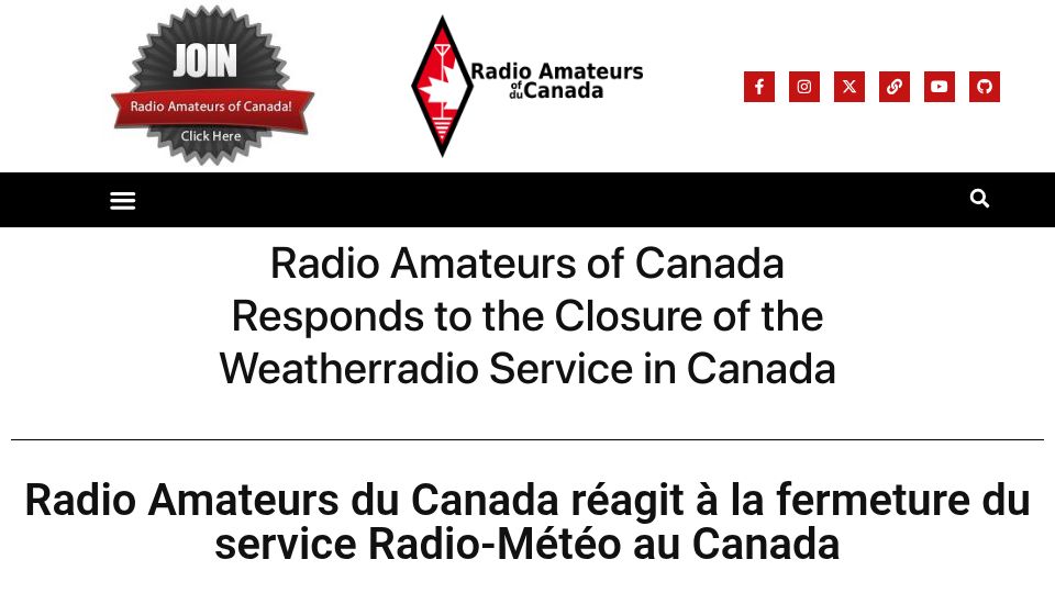 Screenshot of rac.ca: Closure of the Weatheradio service in Canada