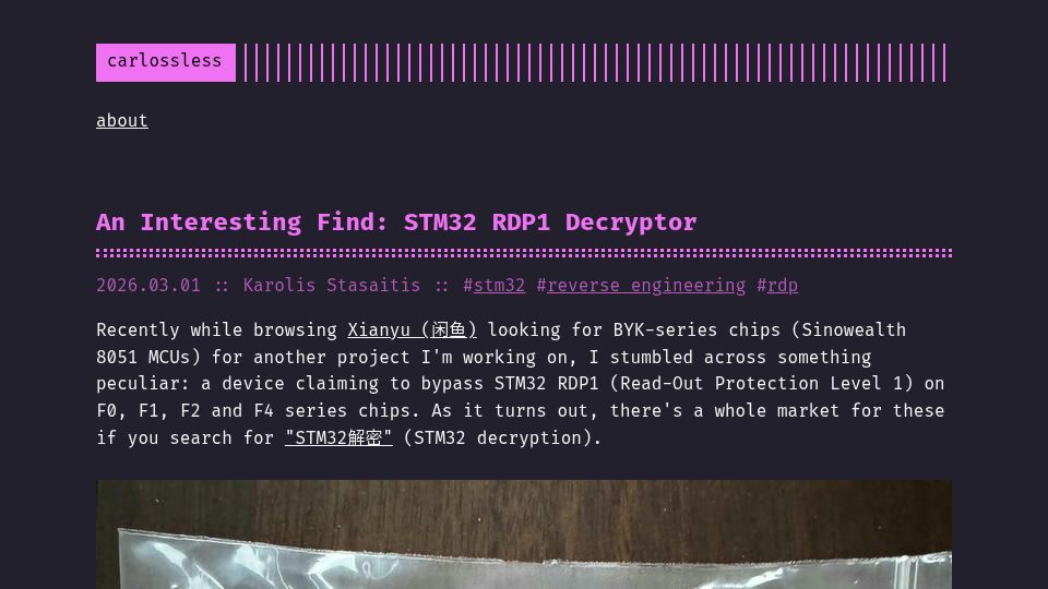 Screenshot of carlossless.io: An Interesting Find: STM32 RDP1 Decryptor