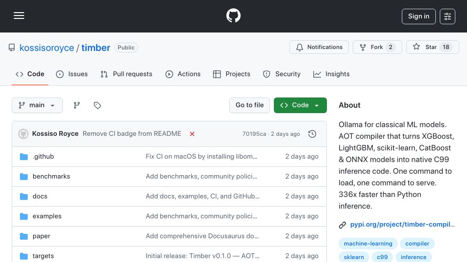 Screenshot of github.com: Show HN: Timber – Ollama for classical ML models, 336x faster than Python