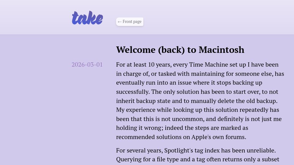 Screenshot of take.surf: Welcome (back) to Macintosh