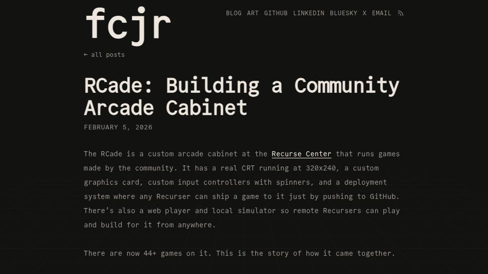 Screenshot of frankchiarulli.com: RCade: Building a Community Arcade Cabinet