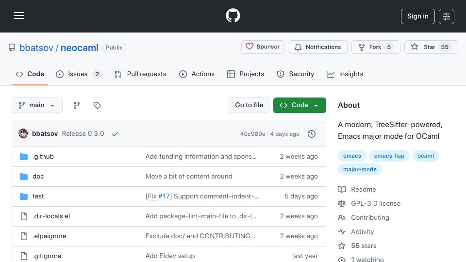 Screenshot of github.com: Neocaml – Rubocop Creator's New OCaml Mode for Emacs