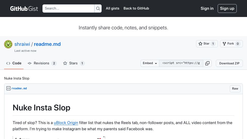 Screenshot of gist.github.com: Show HN: uBlock filter list to blur all Instagram Reels