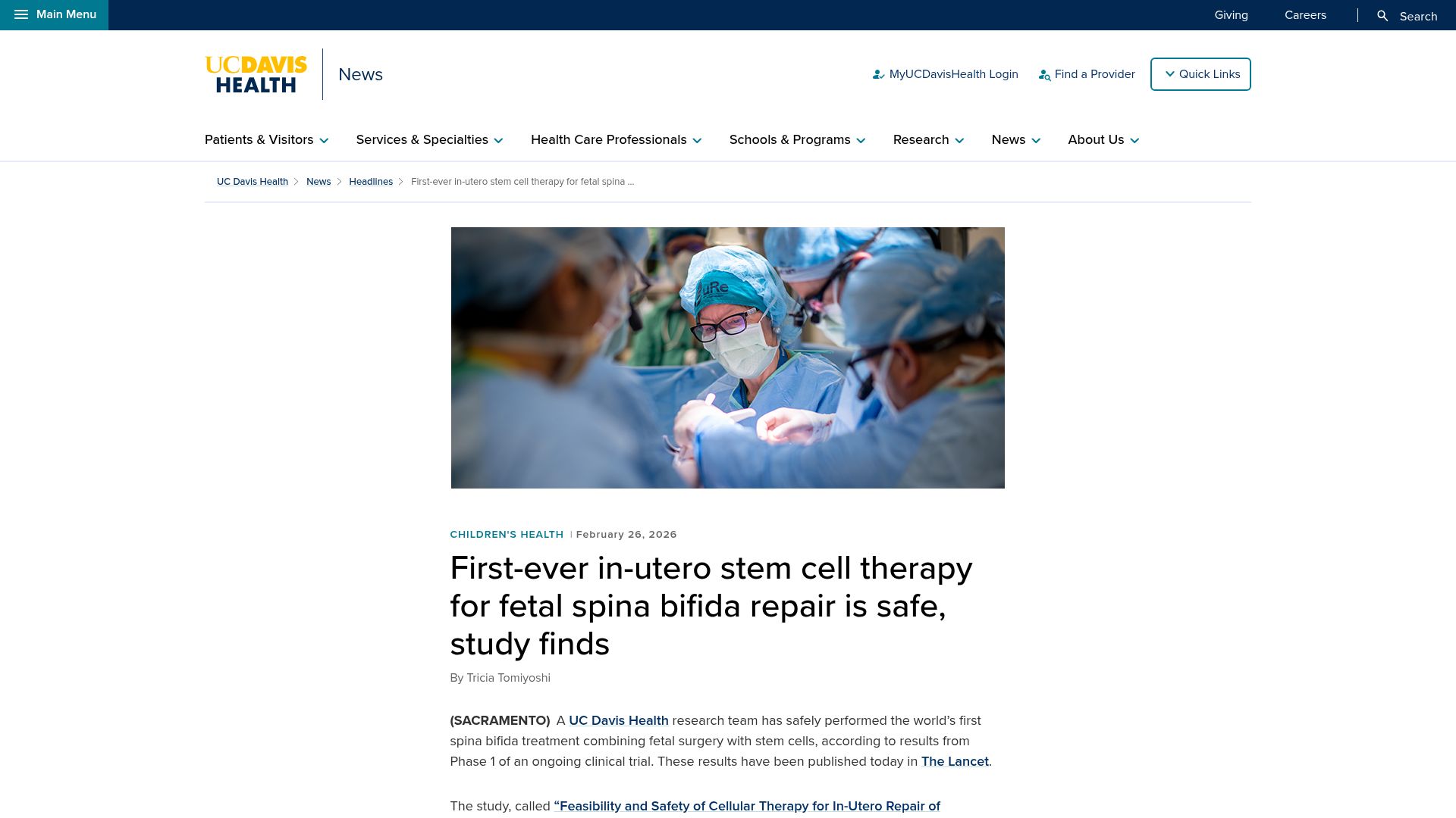 Screenshot of health.ucdavis.edu: First in-utero stem cell therapy for fetal spina bifida repair is safe: study