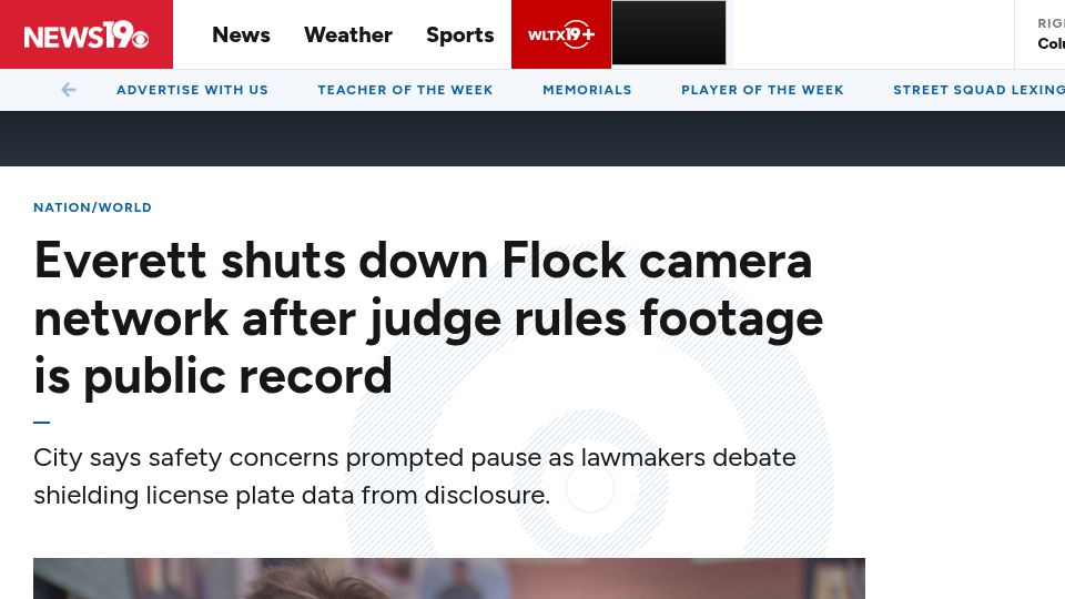 Screenshot of wltx.com: Everett shuts down Flock camera network after judge rules footage public record