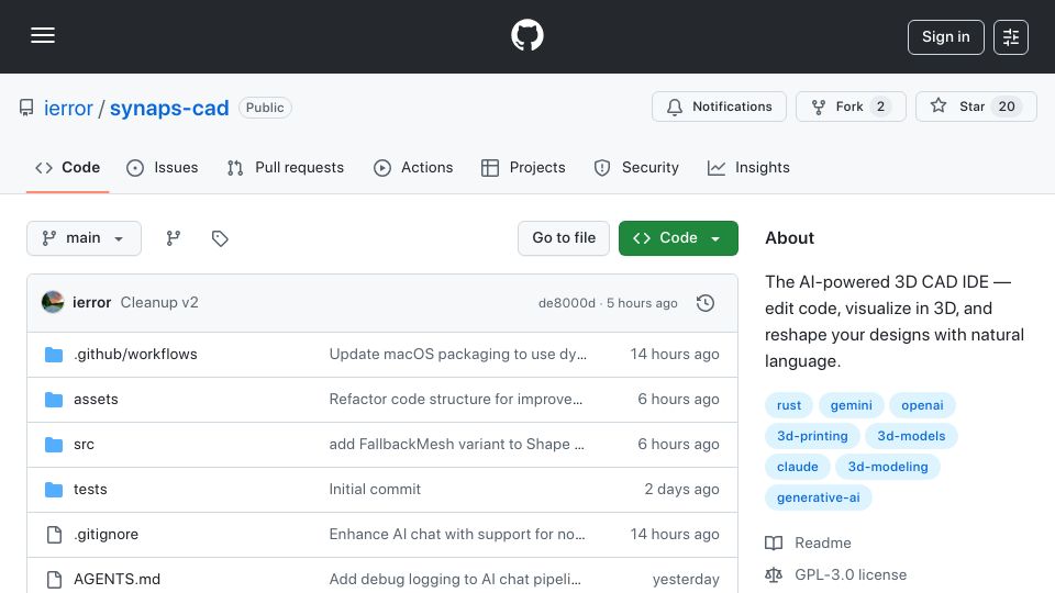 Screenshot of github.com: Show HN: Vibe Code your 3D Models