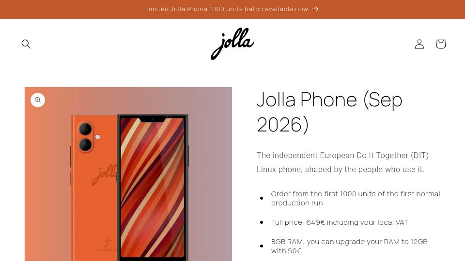 Screenshot of commerce.jolla.com: Jolla phone – a full-stack European alternative