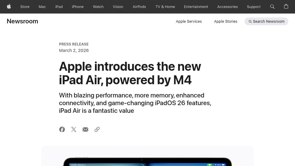 Screenshot of apple.com: New iPad Air, powered by M4