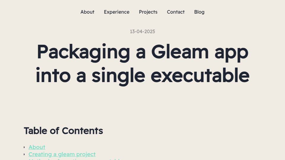 Screenshot of dhzdhd.dev: Packaging a Gleam app into a single executable (2025)