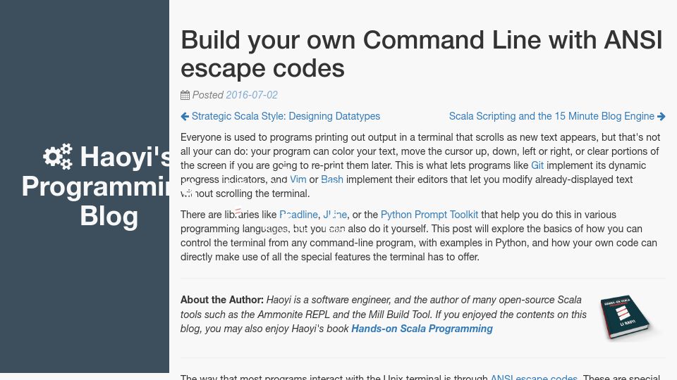 Screenshot of lihaoyi.com: Build your own Command Line with ANSI escape codes (2016)