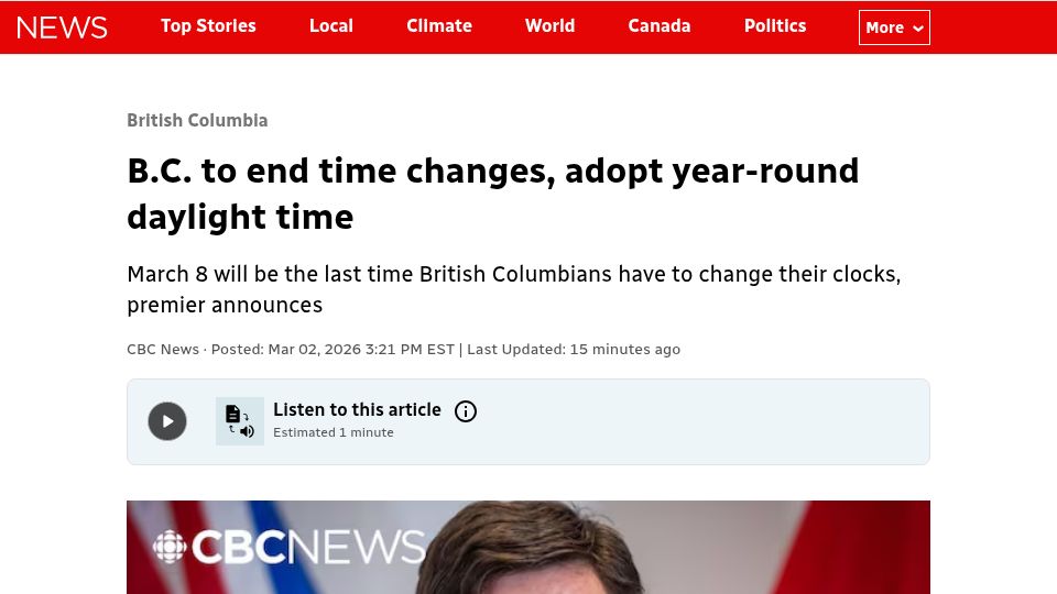 Screenshot of cbc.ca: British Columbia is permanently adopting daylight time