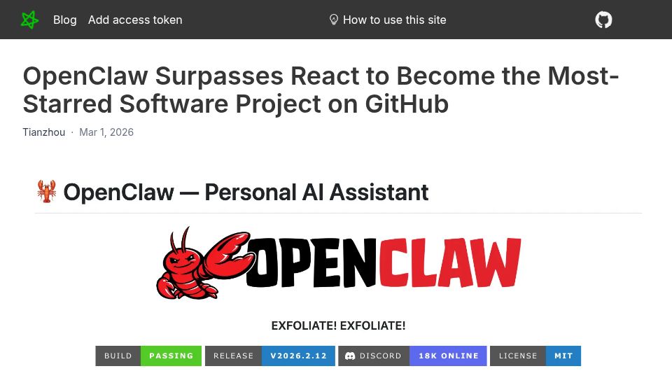 Screenshot of star-history.com: OpenClaw surpasses React to become the most-starred software project on GitHub