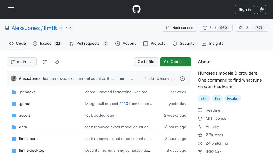 Screenshot of github.com: Right-sizes LLM models to your system's RAM, CPU, and GPU