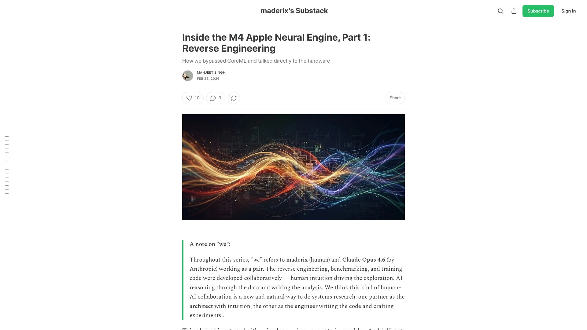 Screenshot of maderix.substack.com: Inside the M4 Apple Neural Engine, Part 1: Reverse Engineering