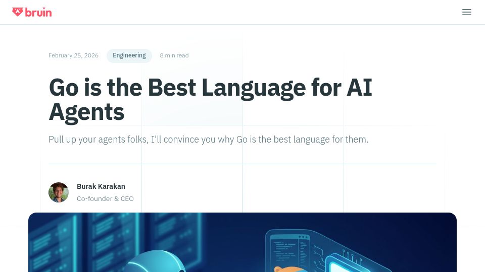 Screenshot of getbruin.com: A case for Go as the best language for AI agents