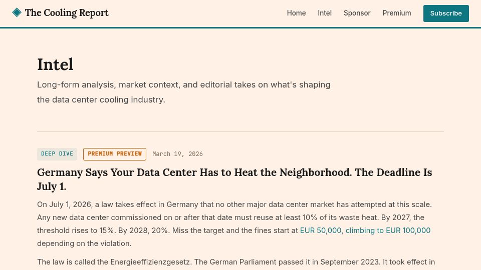 Screenshot of thecoolingreport.com: 3M's PFAS exit killed the supply chain for two-phase immersion cooling in DCs