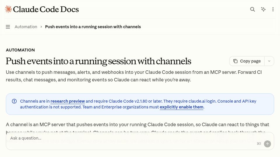 Screenshot of code.claude.com: Push events into a running session with channels