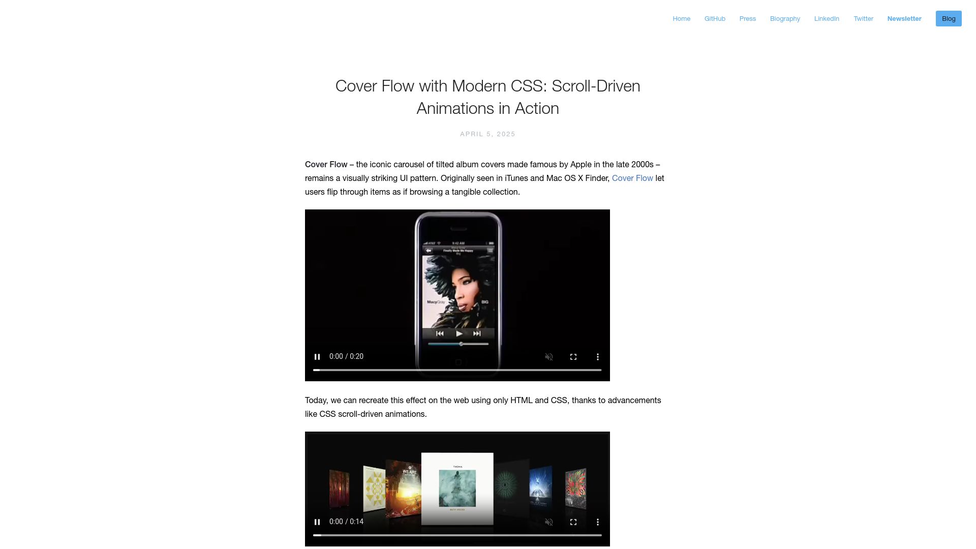Screenshot of addyosmani.com: Cover Flow with Modern CSS: Scroll-Driven Animations in Action (2025)