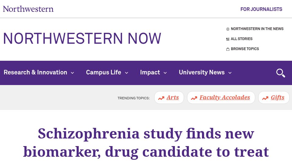 Screenshot of news.northwestern.edu: Schizophrenia study finds new biomarker, drug candidate in mice