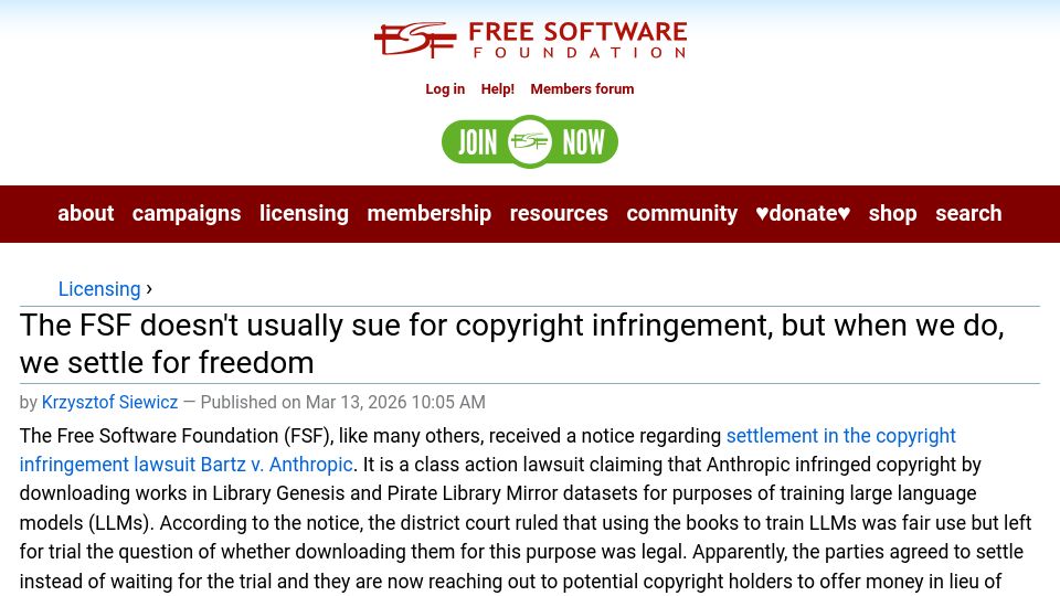Screenshot of fsf.org: FSF statement on copyright infringement lawsuit Bartz v. Anthropic