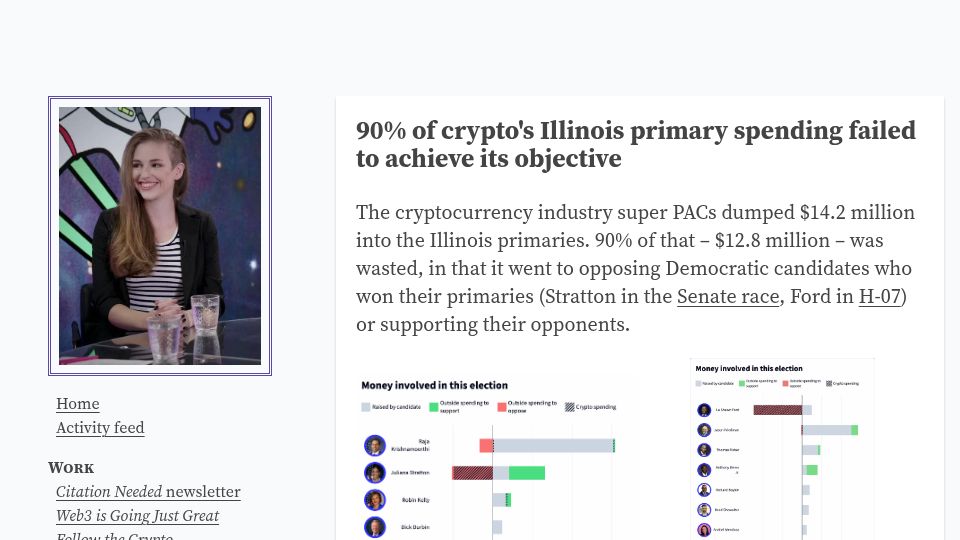 Screenshot of mollywhite.net: 90% of crypto's Illinois primary spending failed to achieve its objective