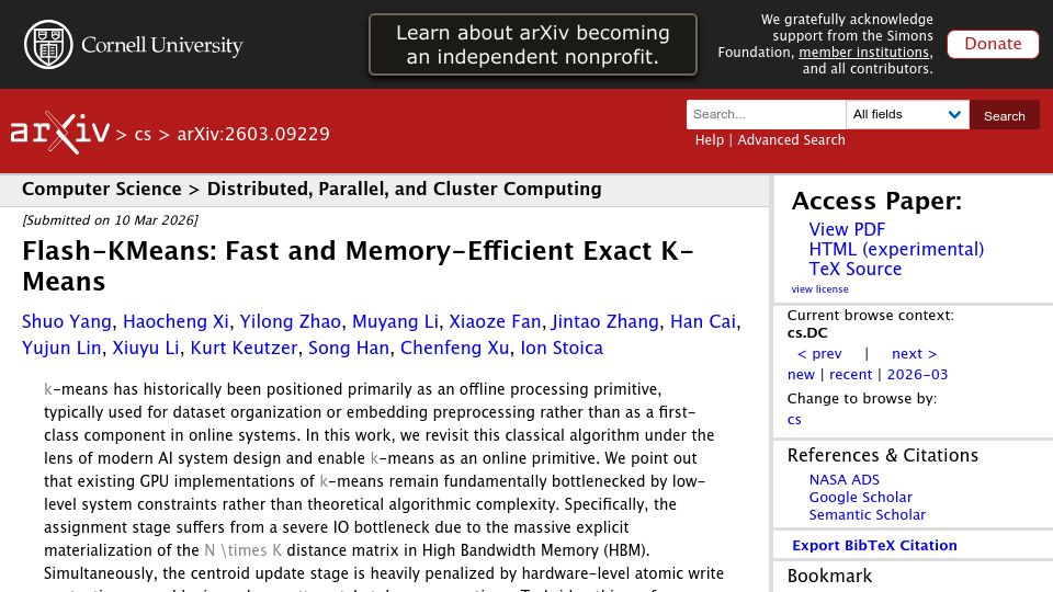 Screenshot of arxiv.org: Flash-KMeans: Fast and Memory-Efficient Exact K-Means
