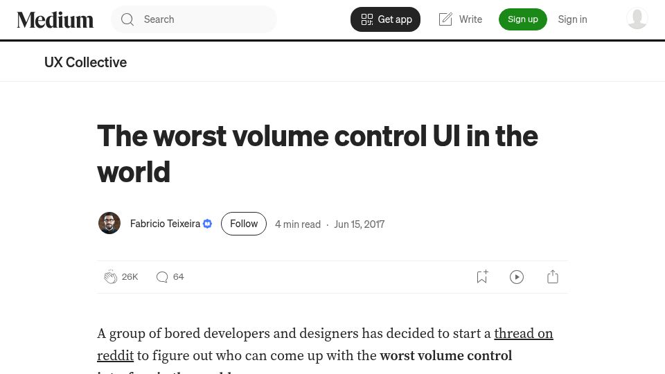 Screenshot of uxdesign.cc: The worst volume control UI in the world (2017)