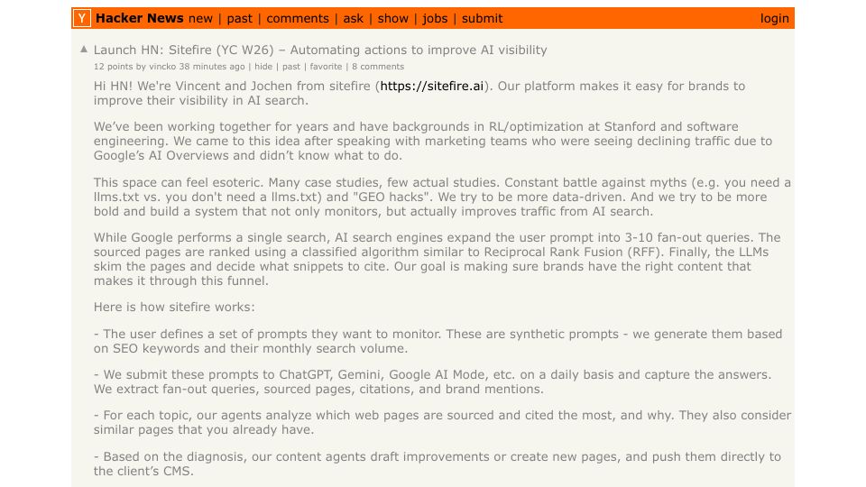 Screenshot of Hacker News post: Launch HN: Sitefire (YC W26) – Automating actions to improve AI visibility