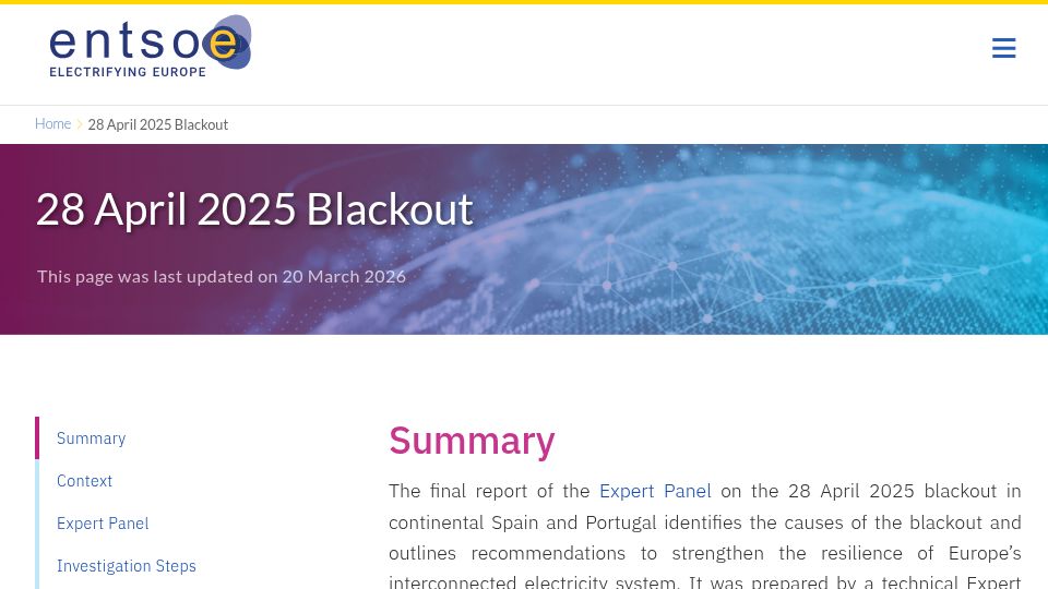 Screenshot of entsoe.eu: Entso-E final report on Iberian 2025 blackout